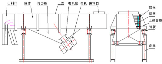 直線振動篩內(nèi)部結(jié)構(gòu)：出料口，篩體，傳力板，上蓋，電機(jī)座，電機(jī)，進(jìn)料口，篩框，篩網(wǎng)，上彈簧座，彈簧，底腿。