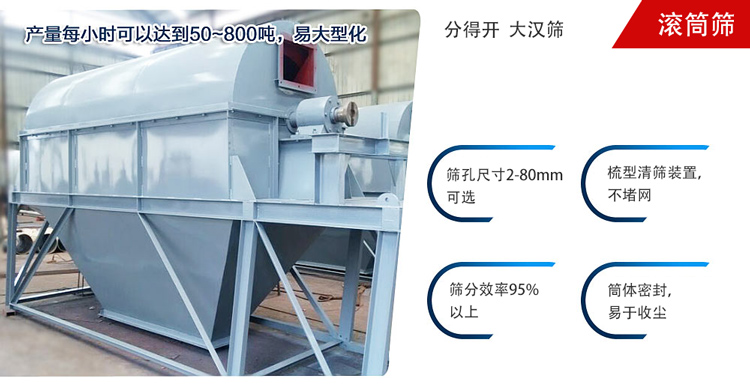 滾筒篩分開放式,封閉式兩種選擇無塵篩分。無軸滾筒：適用生活垃圾等一些有一定纏繞性物料;有軸滾筒：適用石料，砂土等含水量較少的物料
